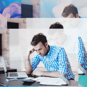 A troubled business owner working on the business' cashflow in his laptop while using calculator and tracking the history of data on the documents