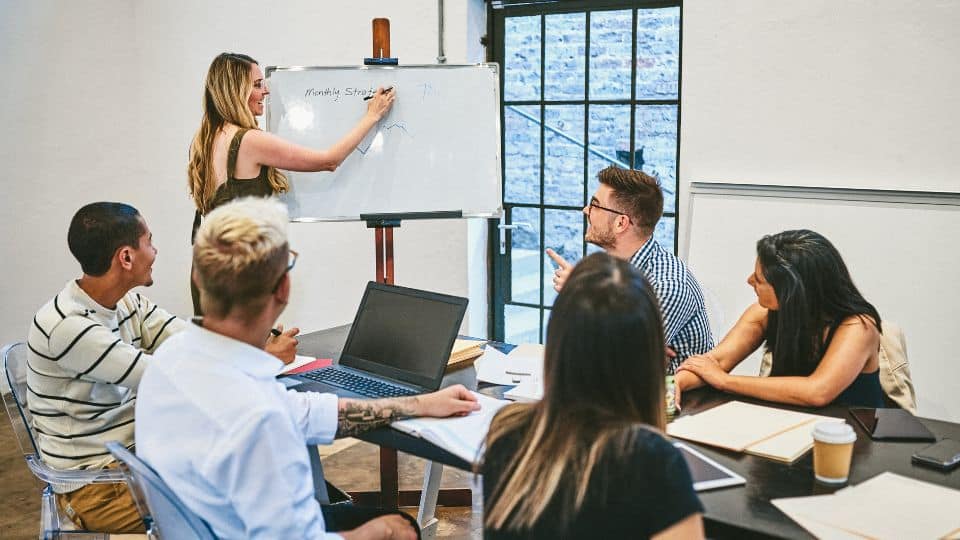 Strategic-Thinking-Session Business Owner doing monthly strategic meeting wit her employees.