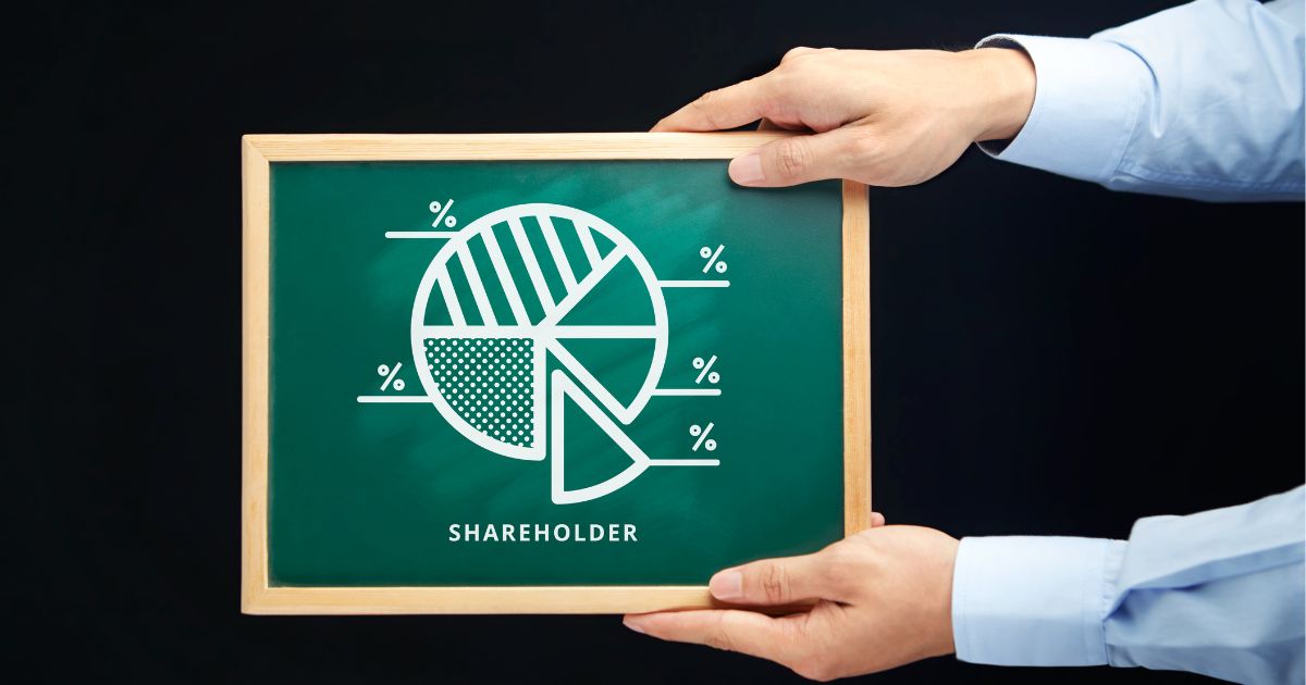 Business man showing a drawing in a black board containing different percentages of profit shares in a company
